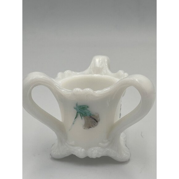KEMPLE VTG Milk Glass Toothpick Holder Triple Handle Pansy Flower Design Cottage - Picture 2 of 6